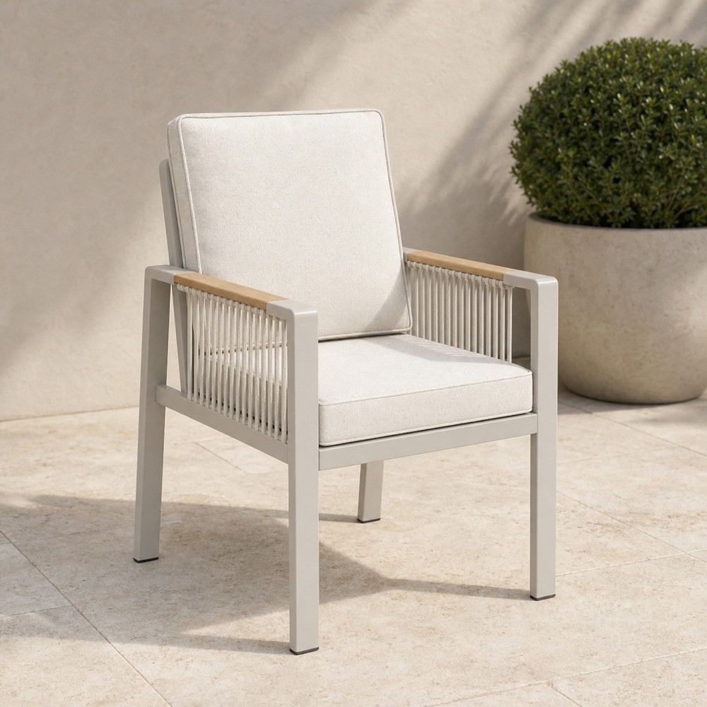 Rope weave dining chair with a wood topped armrest