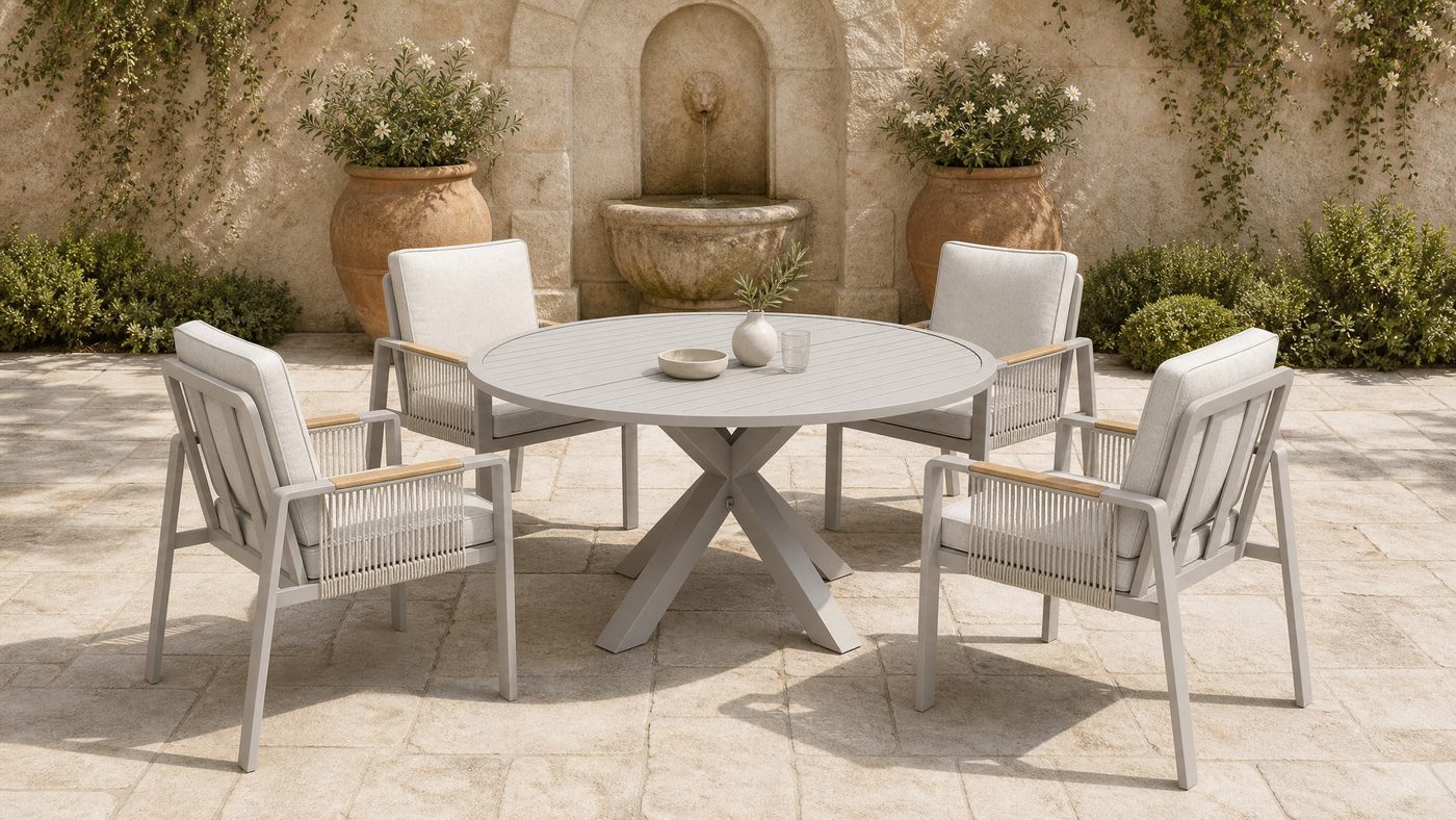 Round dining set with six chairs in a stone courtyard with a wall fountain