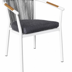 Rope Weave Outdoor Armchair | White Aluminium Sloping-Arm Patio Chair with Teak Armrests for Garden Terrace Hotel