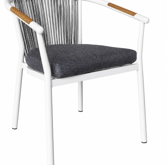 Rope Weave Outdoor Armchair | White Aluminium Sloping-Arm Patio Chair with Teak Armrests for Garden Terrace Hotel