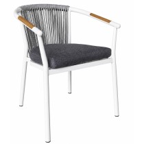 Rope Weave Outdoor Armchair | White Aluminium Sloping-Arm Patio Chair with Teak Armrests for Garden Terrace Hotel