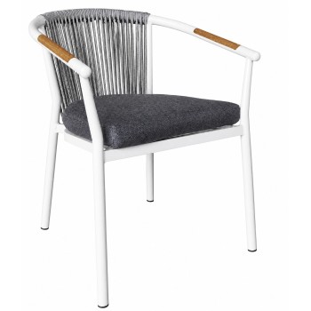 Rope Weave Outdoor Armchair | White Aluminium Sloping-Arm Patio Chair with Teak Armrests for Garden Terrace Hotel