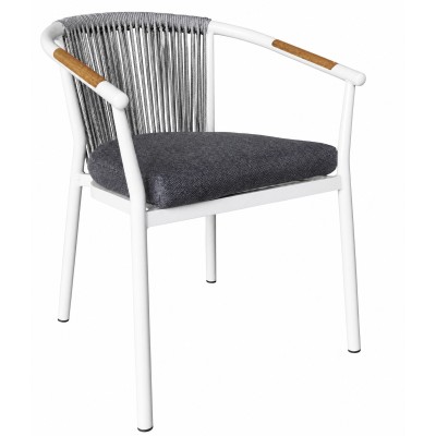 Rope Weave Outdoor Armchair | White Aluminium Sloping-Arm Patio Chair with Teak Armrests for Garden Terrace Hotel