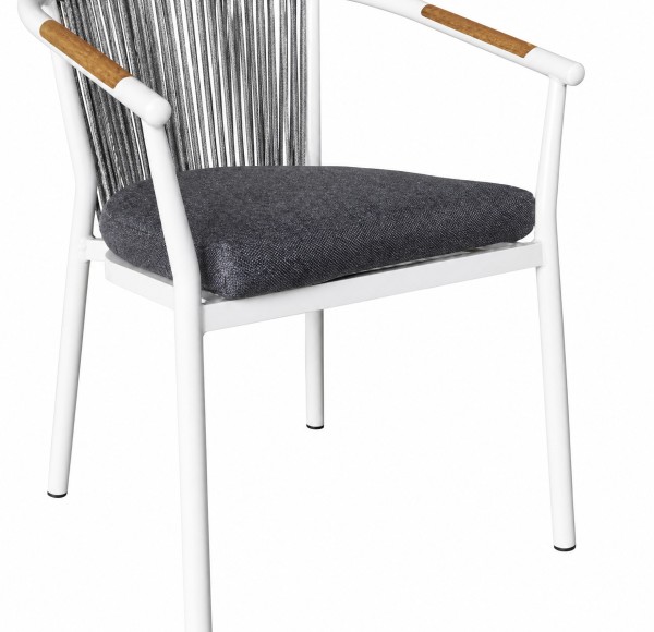 Rope Weave Outdoor Armchair | White Aluminium Sloping-Arm Patio Chair with Teak Armrests for Garden Terrace Hotel