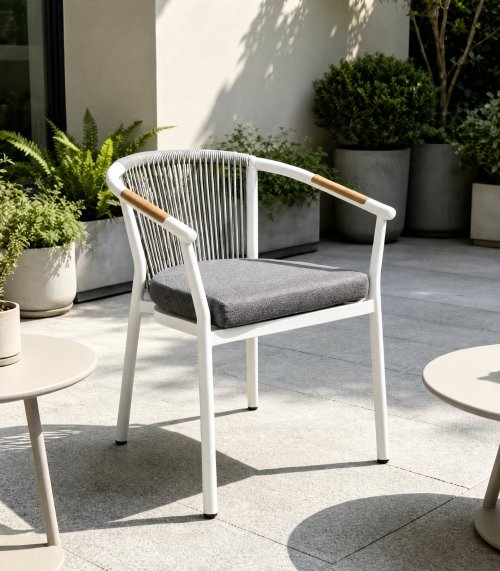 Rope Weave Outdoor Armchair | White Aluminium Sloping-Arm Patio Chair with Teak Armrests for Garden