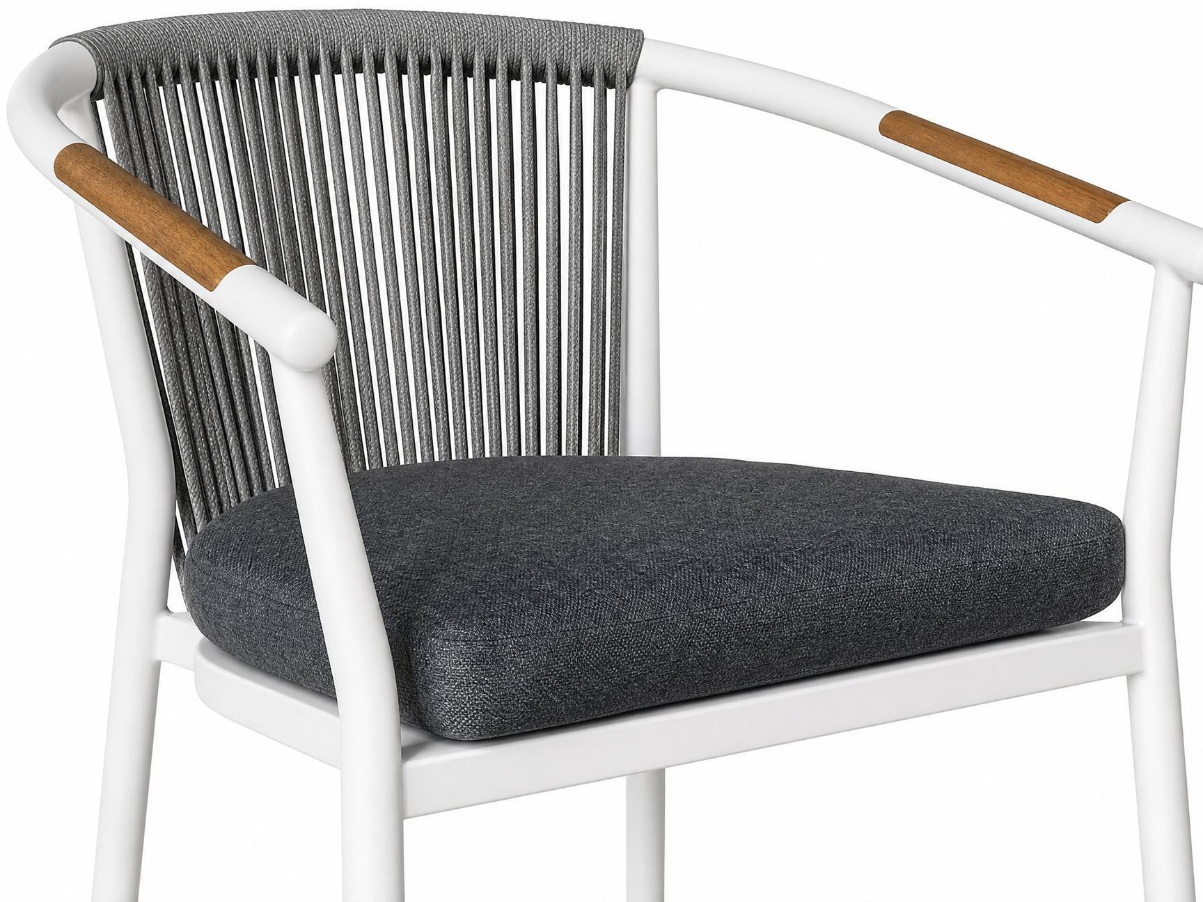 Rope weave outdoor armchair with a white aluminium frame, raked teak armrests and a fine cord back