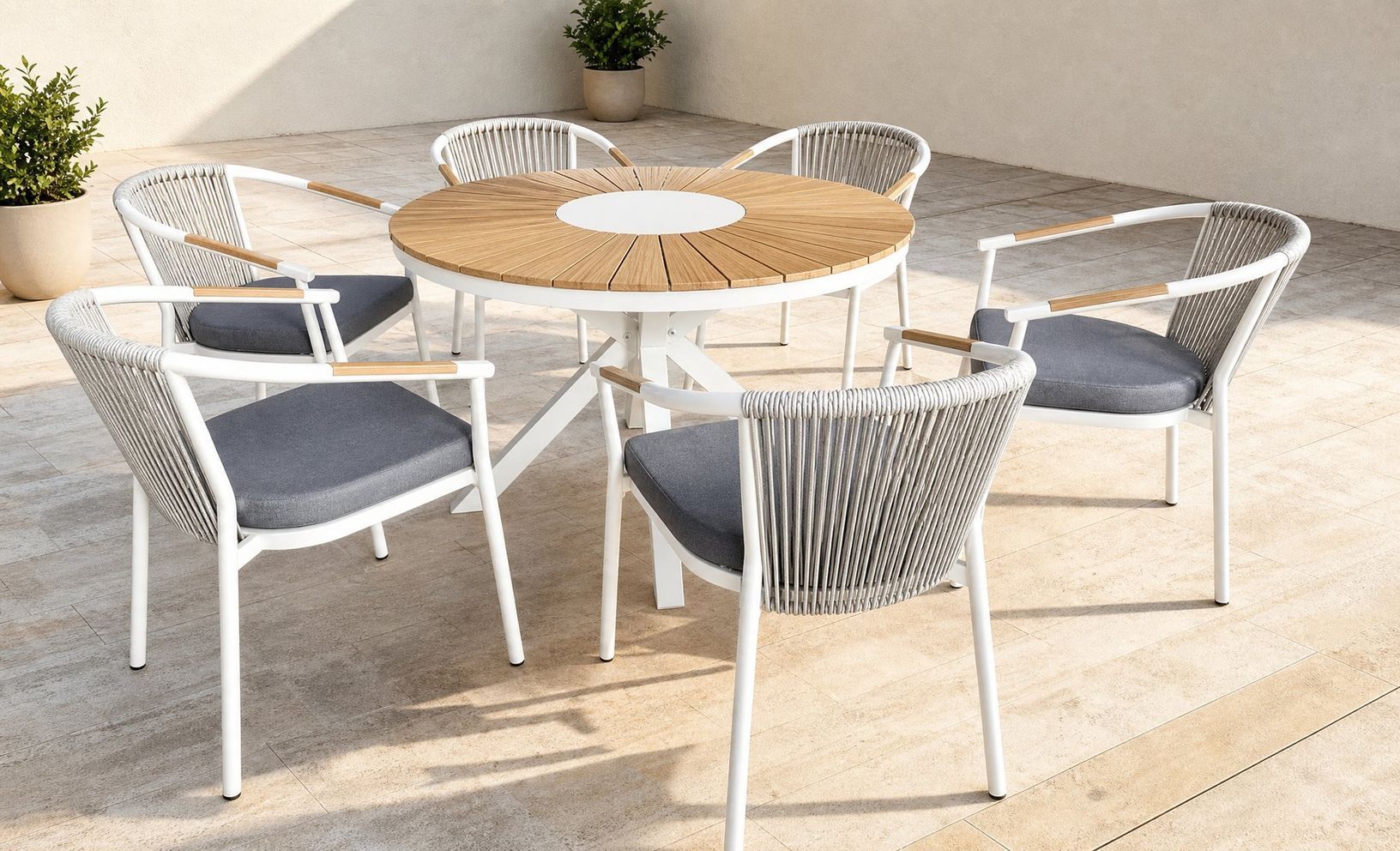 Sunburst slat table top with radial wheat-coloured slats and a solid ivory centre insert