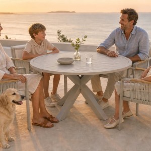 Round Extendable Outdoor Dining Set | Aluminium Slat Table with Four or Six Rope Weave Chairs