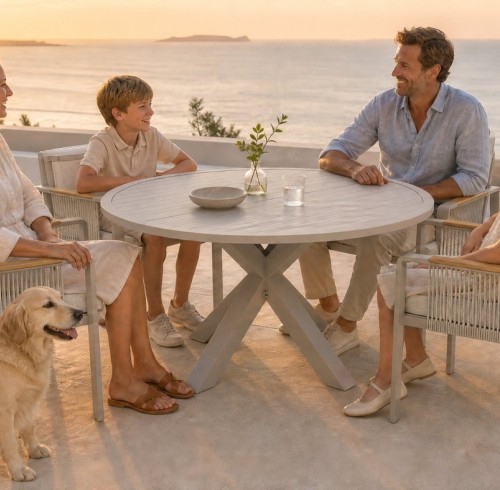 Round Extendable Outdoor Dining Set | Aluminium Slat Table with Four or Six Rope Weave Chairs