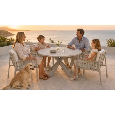 Round Extendable Outdoor Dining Set | Aluminium Slat Table with Four or Six Rope Weave Chairs