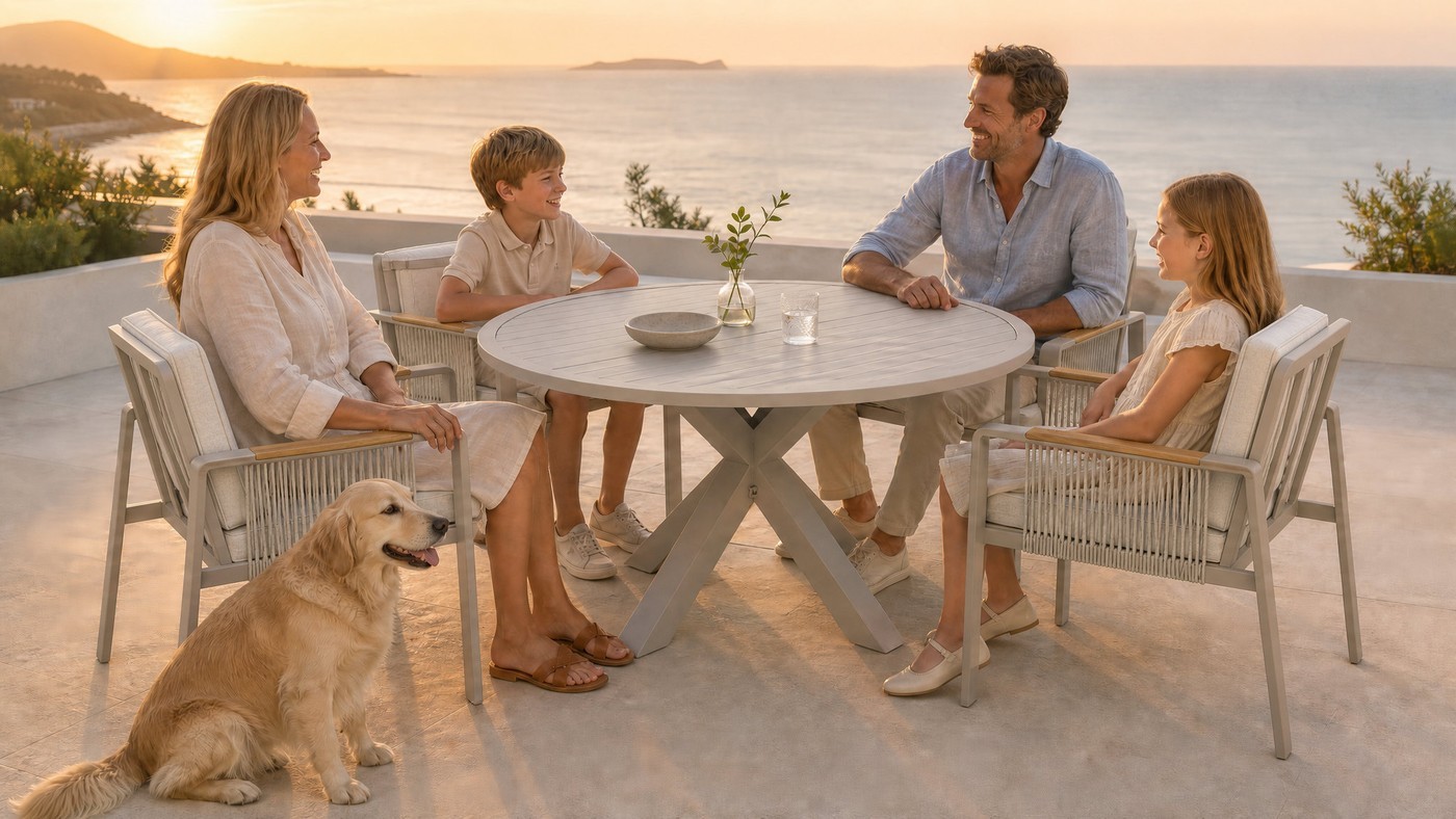 Round extendable outdoor dining table with four rope weave chairs on a sea view terrace