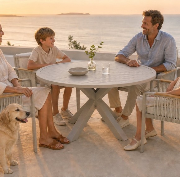 Round Extendable Outdoor Dining Set | Aluminium Slat Table with Four or Six Rope Weave Chairs