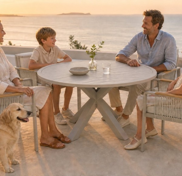 Round Extendable Outdoor Dining Set | Aluminium Slat Table with Four or Six Rope Weave Chairs