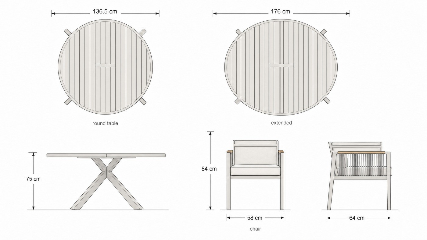 Round aluminium slat table top with a central flip panel seam