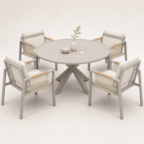 Round Extendable Outdoor Dining Set | Aluminium Slat Table with Four or Six Rope Weave Chairs