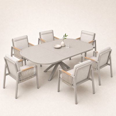 Round Extendable Outdoor Dining Set | Aluminium Slat Table with Four or Six Rope Weave Chairs