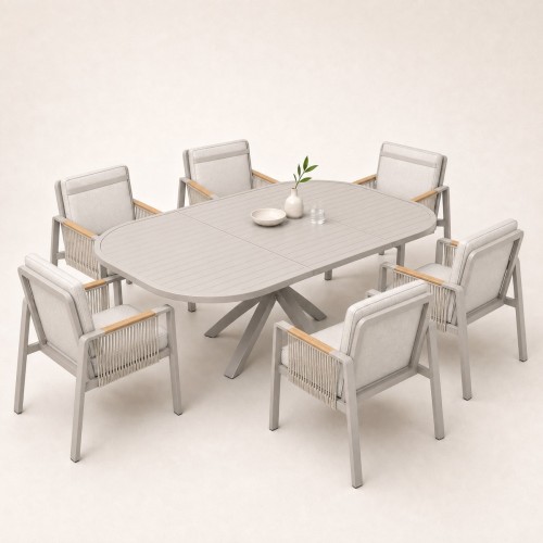 Round Extendable Outdoor Dining Set | Aluminium Slat Table with Four or Six Rope Weave Chairs
