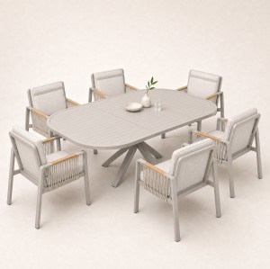 Round Extendable Outdoor Dining Set | Aluminium Slat Table with Four or Six Rope Weave Chairs