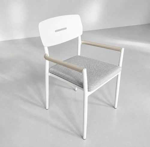 Aluminium Outdoor Armchair | White Slat-Seat Garden Chair with Removable Woven Cushion for Patio Terrace Hotel