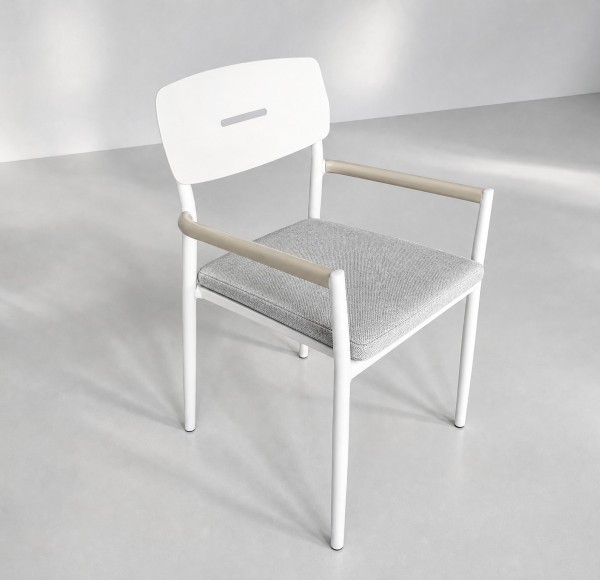 Aluminium Outdoor Armchair | White Slat-Seat Garden Chair with Removable Woven Cushion for Patio Terrace Hotel