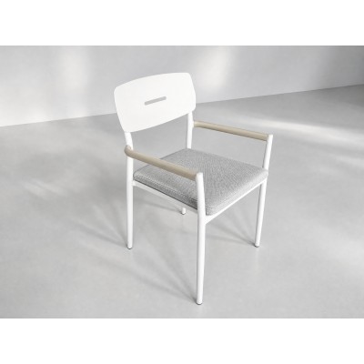 Aluminium Outdoor Armchair | White Slat-Seat Garden Chair with Removable Woven Cushion for Patio Terrace Hotel