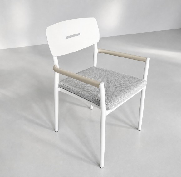 Aluminium Outdoor Armchair | White Slat-Seat Garden Chair with Removable Woven Cushion for Patio Terrace Hotel