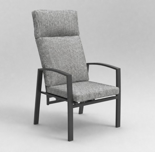 High-Back Outdoor Armchair | Charcoal Metal Garden Chair with Grey Cushions, Stacking and Knock-Down Versions
