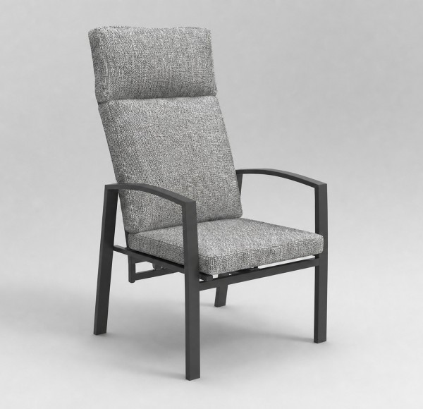 High-Back Outdoor Armchair | Charcoal Metal Garden Chair with Grey Cushions, Stacking and Knock-Down Versions