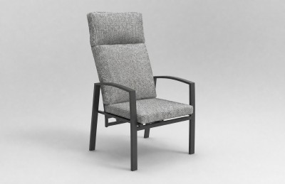 High-Back Outdoor Armchair | Charcoal Metal Garden Chair with Grey Cushions, Stacking and Knock-Down Versions