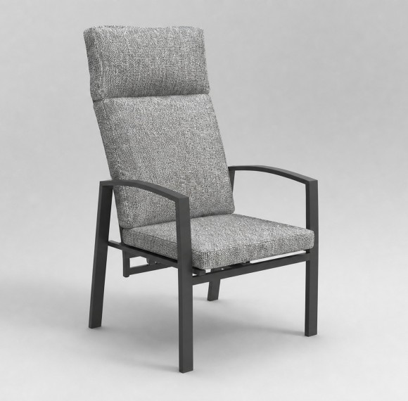 High-Back Outdoor Armchair | Charcoal Metal Garden Chair with Grey Cushions, Stacking and Knock-Down Versions