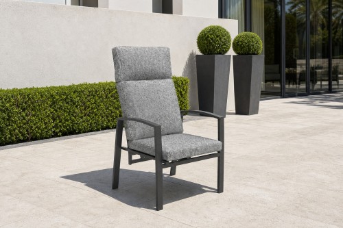 High-Back Outdoor Armchair | Charcoal Metal Garden Chair with Grey Cushions, Stacking and Knock-Down Versions