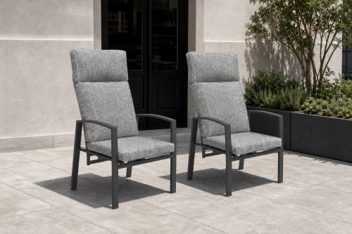 High-Back Outdoor Armchair | Charcoal Metal Garden Chair with Grey Cushions, Stacking and Knock-Down Versions