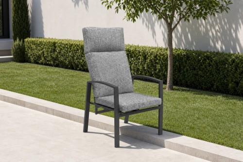 High-Back Outdoor Armchair | Charcoal Metal Garden Chair with Grey Cushions, Stacking and Knock-Down Versions