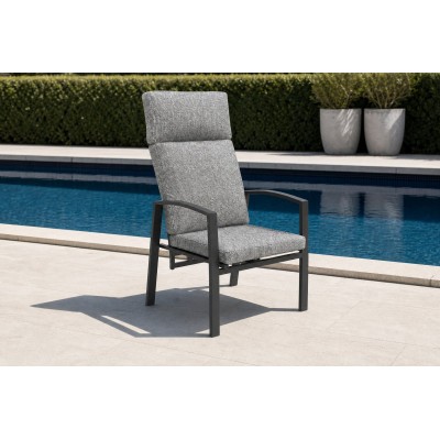 High-Back Outdoor Armchair | Charcoal Metal Garden Chair with Grey Cushions, Stacking and Knock-Down Versions