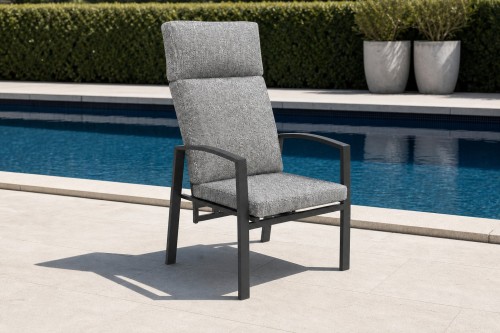 High-Back Outdoor Armchair | Charcoal Metal Garden Chair with Grey Cushions, Stacking and Knock-Down Versions