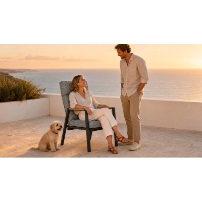 High-Back Adjustable Outdoor Armchair | Charcoal Aluminium Chair with Wood Panel Armrest