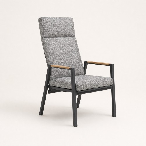 High-Back Adjustable Outdoor Armchair | Charcoal Aluminium Chair with Wood Panel Armrest