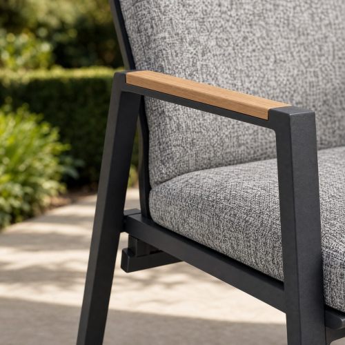 High-Back Adjustable Outdoor Armchair | Charcoal Aluminium Chair with Wood Panel Armrest