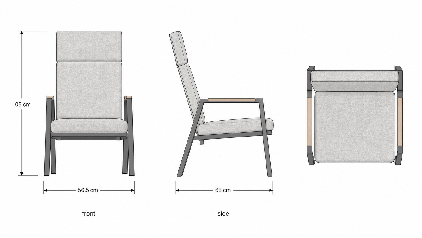Dimension drawing of the high-back armchair