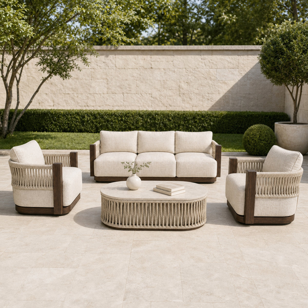 Cream-cushioned outdoor lounge set with corded cradle shells and dark wood bases in a walled garden courtyard