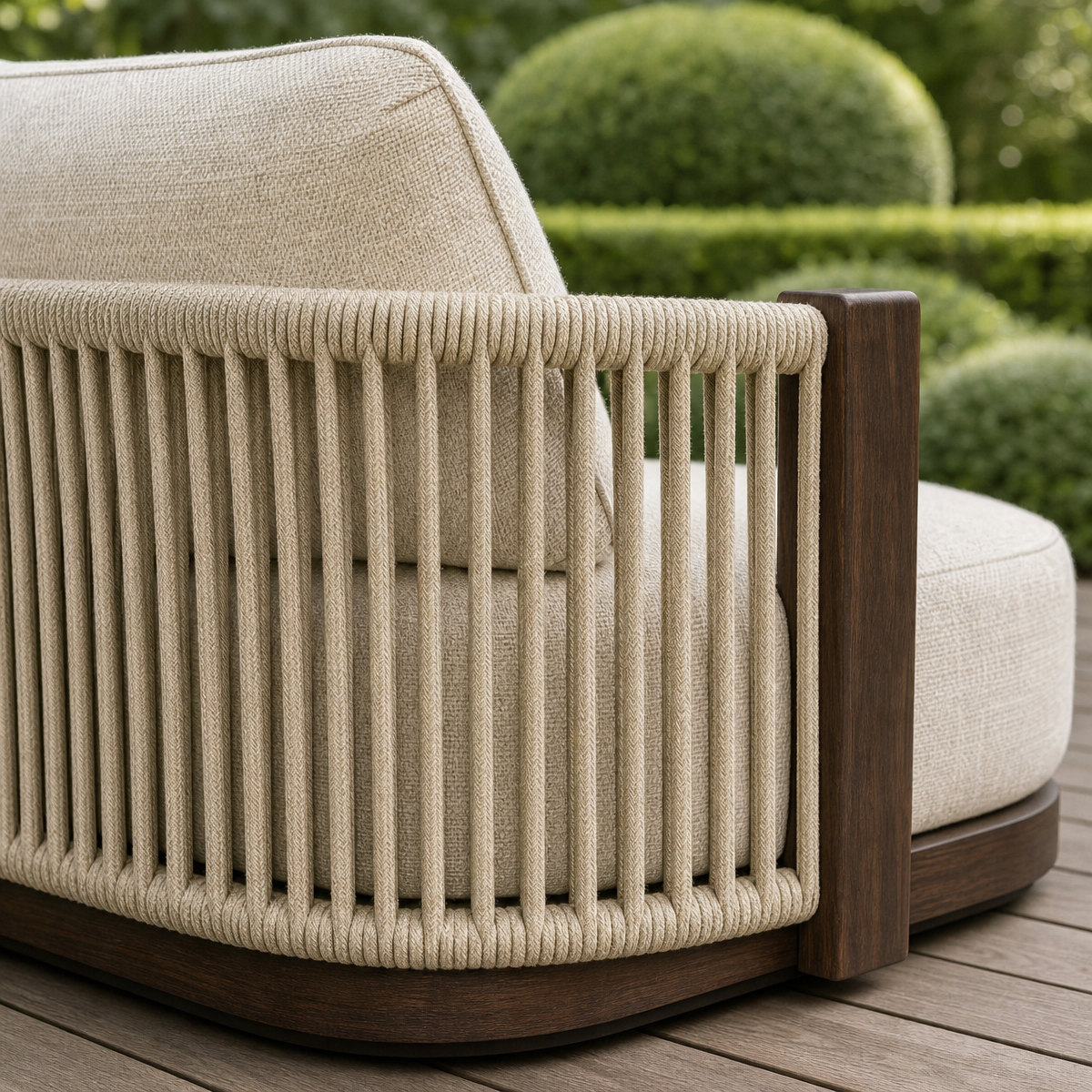 Close view of a cord cradle lounge chair shell showing evenly spaced parallel round cords tensioned between dark wood rails with cream cushions above
