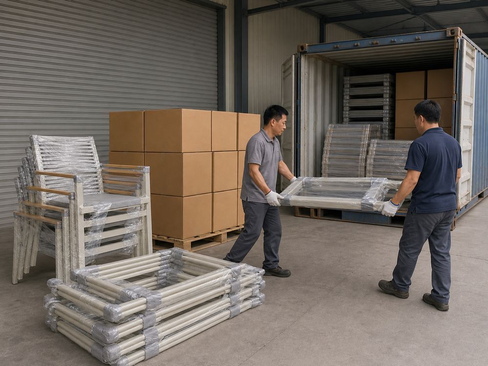 Outdoor furniture being wrapped with protective film and stacked inside a shipping container