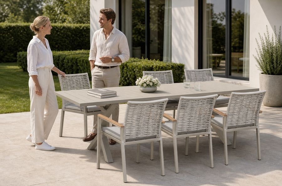 Villa garden terrace set with a long dining table and six chairs