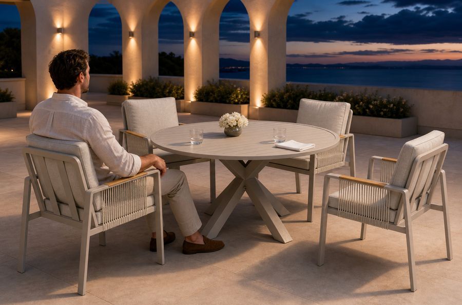 Hotel colonnade terrace at dusk set with a round table and four dining chairs