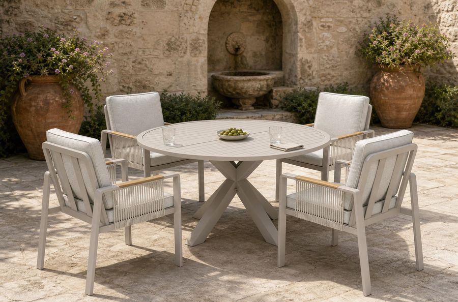 Italian stone courtyard with a wall fountain set with a round table and four chairs