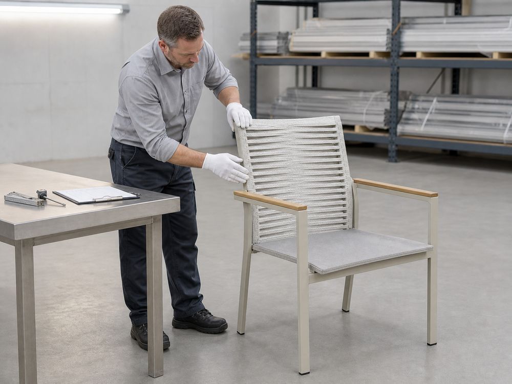 Inspector wearing gloves checking the frame joint of an outdoor chair with a steel rule and torque driver