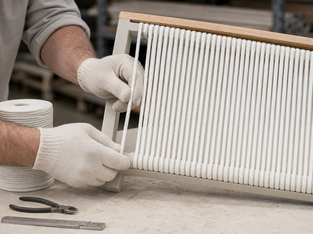 Worker wearing gloves hand-winding white rope onto the side panel frame of an outdoor chair