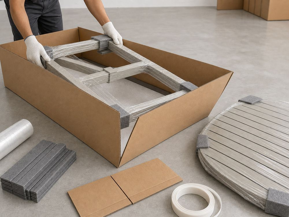 Knock-down outdoor chair frame wrapped in protective film with foam corner guards beside a carton