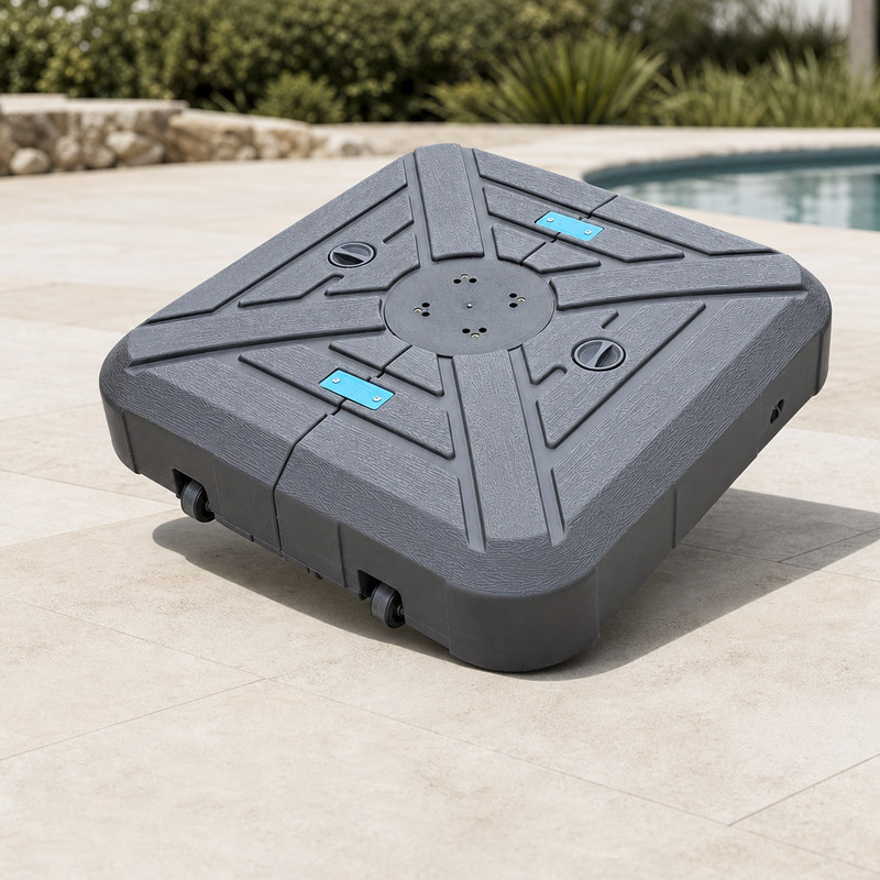 Can a heavy umbrella base be moved, and do any of them have wheels?