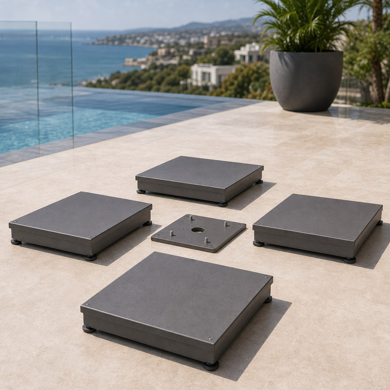 What is a split umbrella base, and why choose it over one heavy slab?